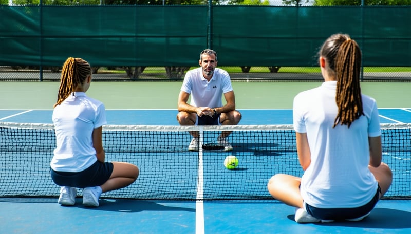 Tennis coach teaching a group of players on the court Tennis coach teaching a group of players on the court